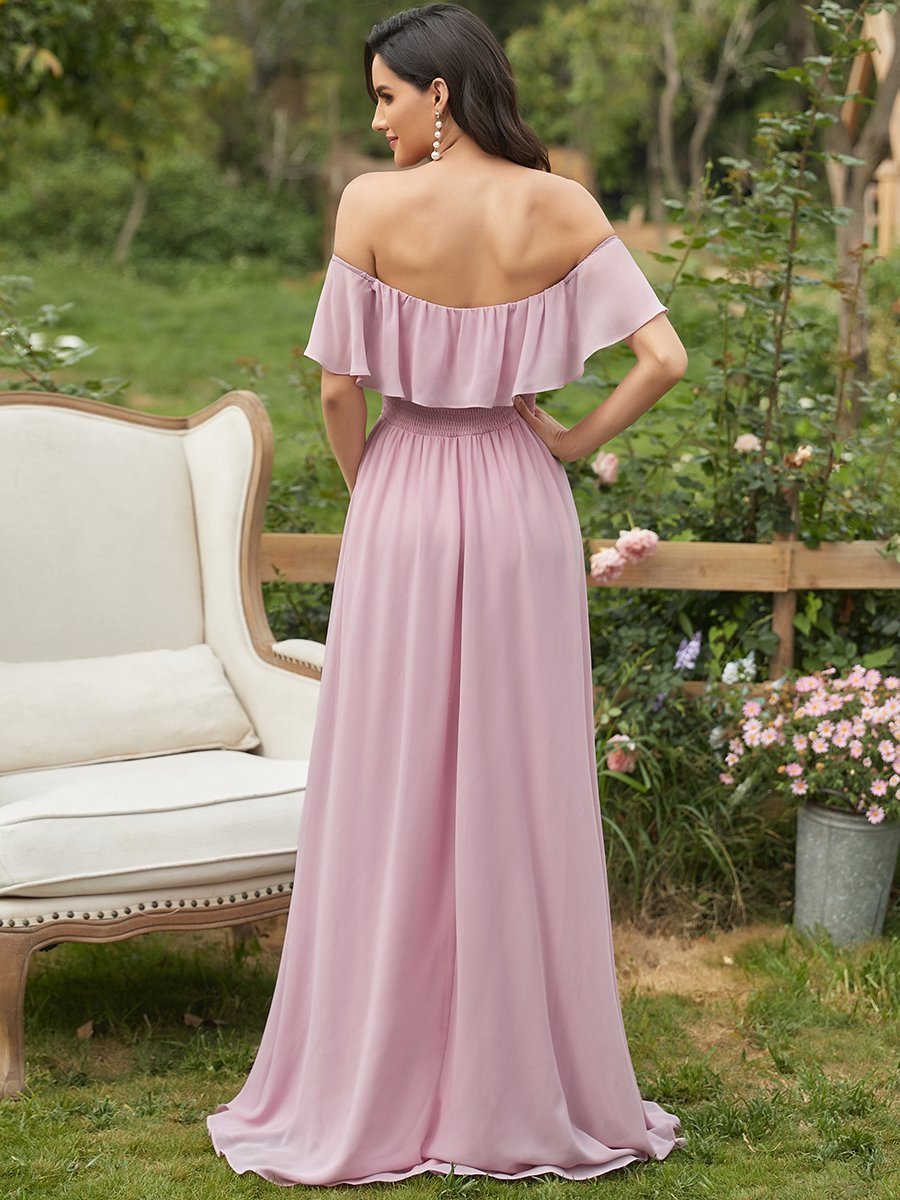 Color=Mauve | Women'S A-Line Off Shoulder Ruffle Thigh Split Bridesmaid Dress-Mauve 2