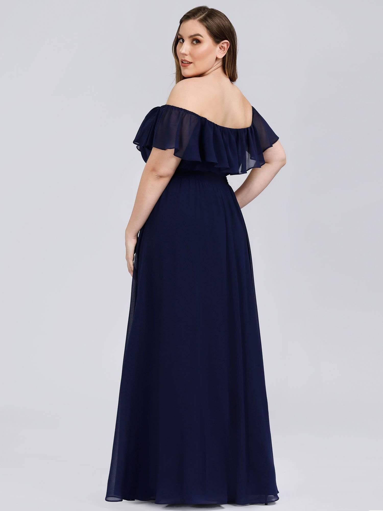 Color=Navy Blue | Plus Size Women'S A-Line Off Shoulder Ruffle Thigh Split Bridesmaid Dresses Ep00968-Navy Blue 2