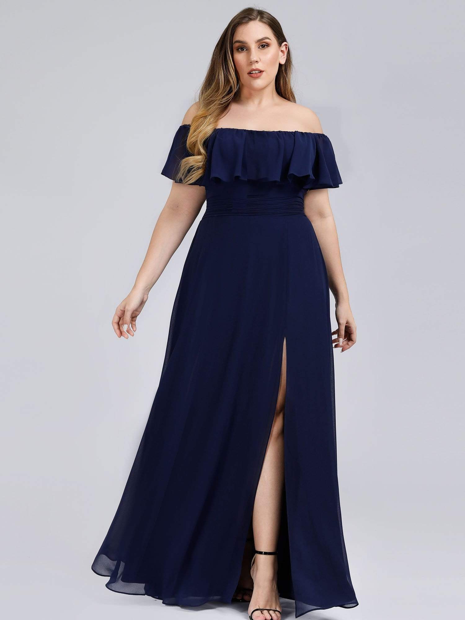 Color=Navy Blue | Plus Size Women'S A-Line Off Shoulder Ruffle Thigh Split Bridesmaid Dresses Ep00968-Navy Blue 3