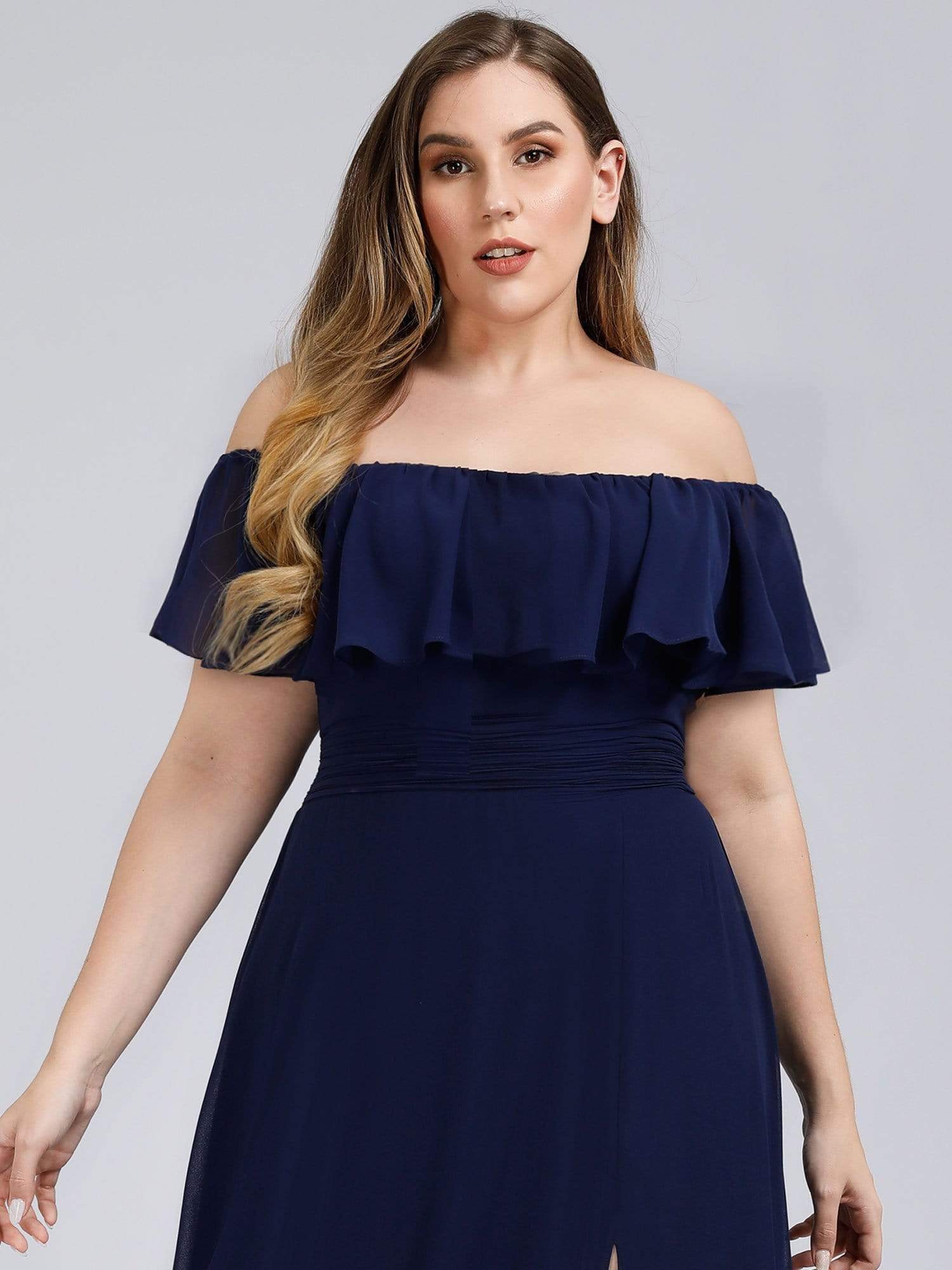 Color=Navy Blue | Plus Size Women'S A-Line Off Shoulder Ruffle Thigh Split Bridesmaid Dresses Ep00968-Navy Blue 5