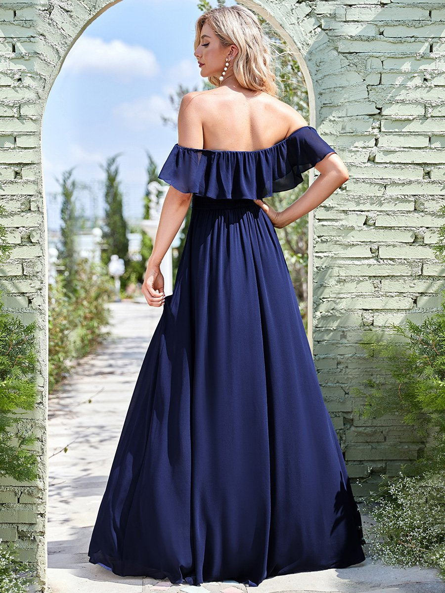 Color=Navy Blue | Women'S A-Line Off Shoulder Ruffle Thigh Split Bridesmaid Dresses Ep00968-Navy Blue 2