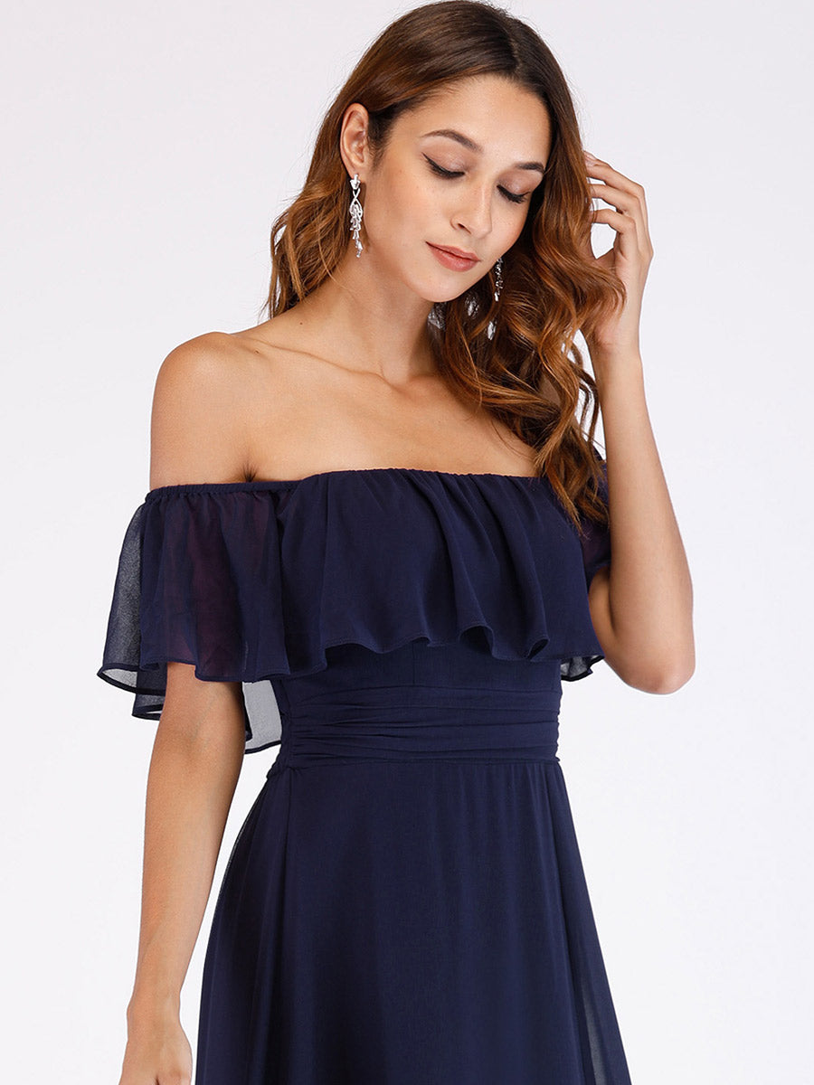 Color=Navy Blue | A-Line Off Shoulder Ruffle Thigh Split Bridesmaid Dress-Navy Blue 5