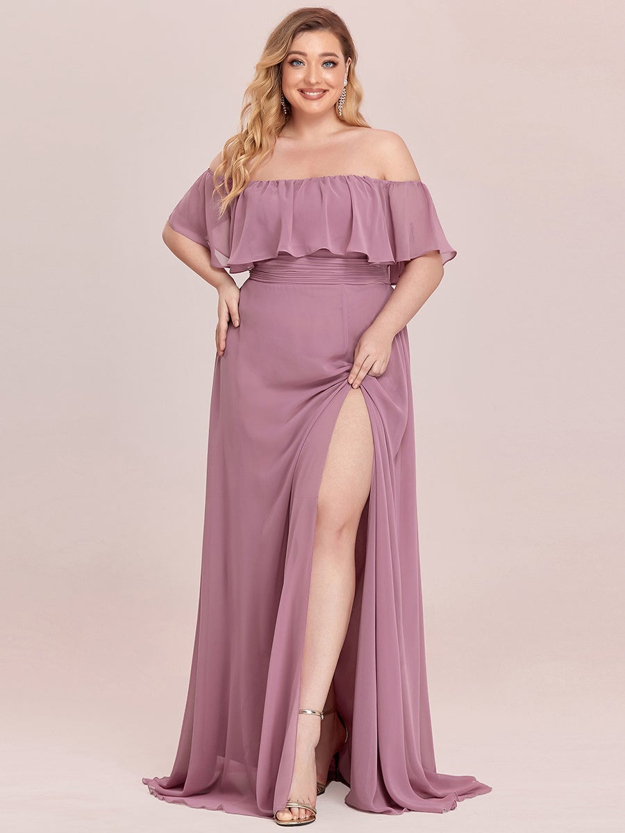 Color=Orchid | Plus Size Women'S A-Line Off Shoulder Ruffle Thigh Split Bridesmaid Dress-Orchid 1