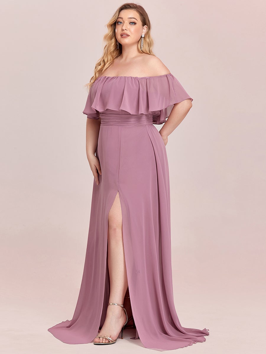 Color=Orchid | Plus Size Women'S A-Line Off Shoulder Ruffle Thigh Split Bridesmaid Dress-Orchid 3