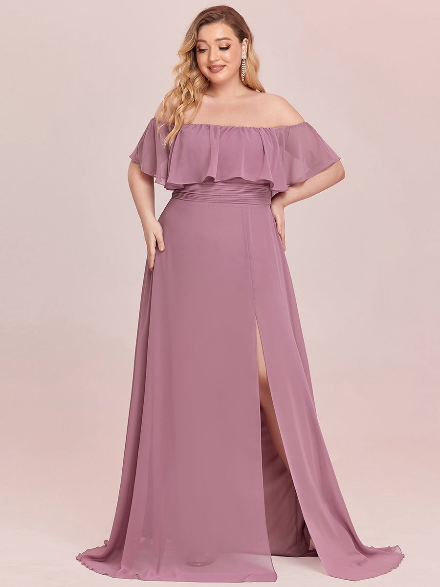 Color=Orchid | Plus Size Women'S A-Line Off Shoulder Ruffle Thigh Split Bridesmaid Dress-Orchid 4