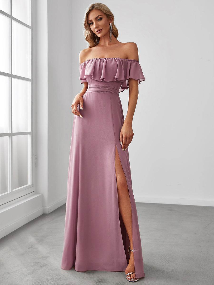 Color=Orchid | A-Line Off Shoulder Ruffle Thigh Split Bridesmaid Dress-Orchid 1