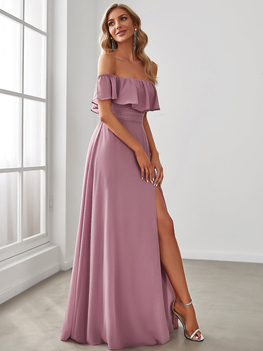 Color=Orchid | A-Line Off Shoulder Ruffle Thigh Split Bridesmaid Dress-Orchid 3