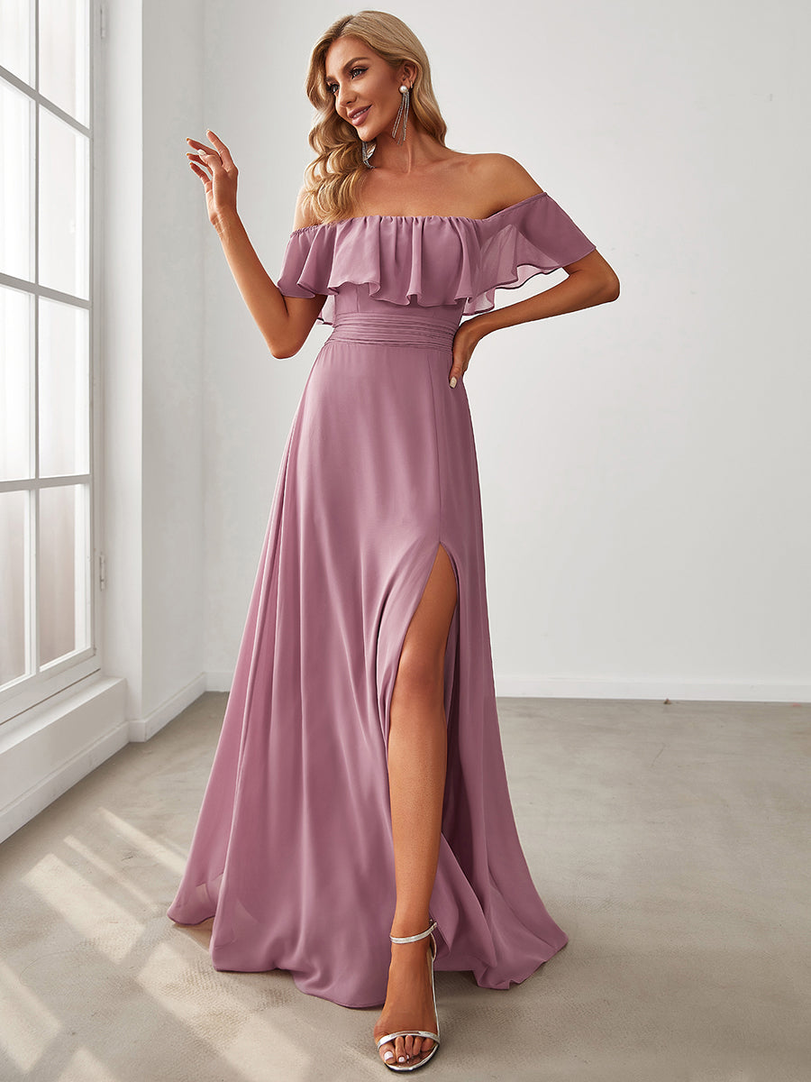 Color=Orchid | A-Line Off Shoulder Ruffle Thigh Split Bridesmaid Dress-Orchid 4