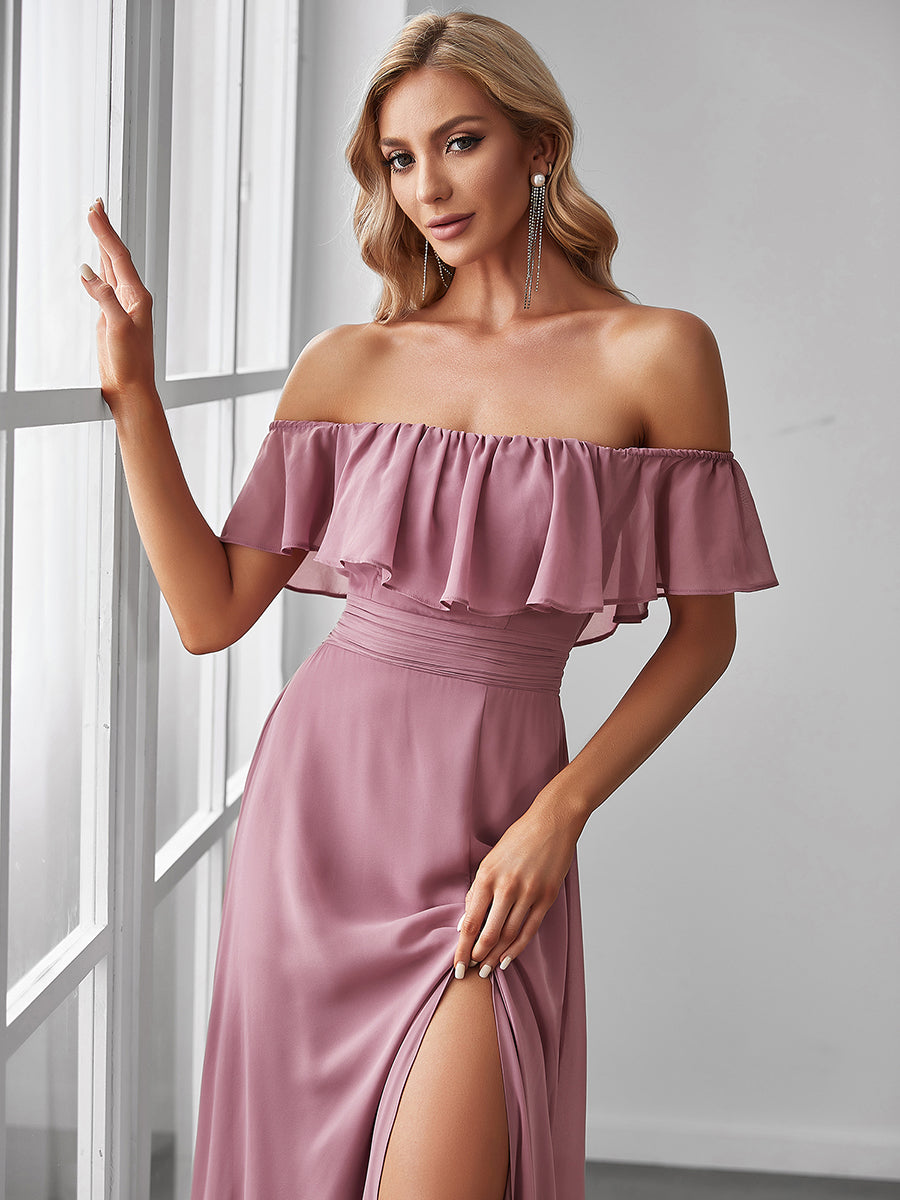 Color=Orchid | A-Line Off Shoulder Ruffle Thigh Split Bridesmaid Dress-Orchid 5