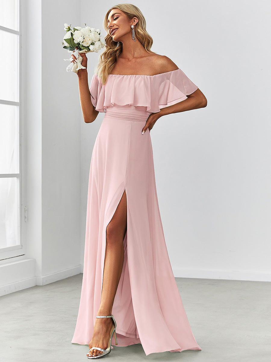 Color=Pink | A-Line Off Shoulder Ruffle Thigh Split Bridesmaid Dress-Pink 1