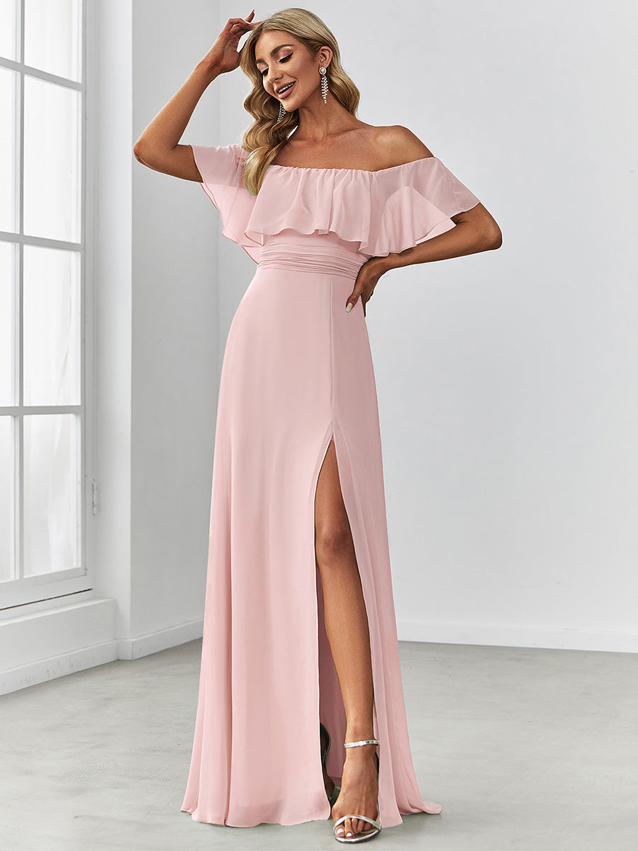 Color=Pink | A-Line Off Shoulder Ruffle Thigh Split Bridesmaid Dress-Pink 4