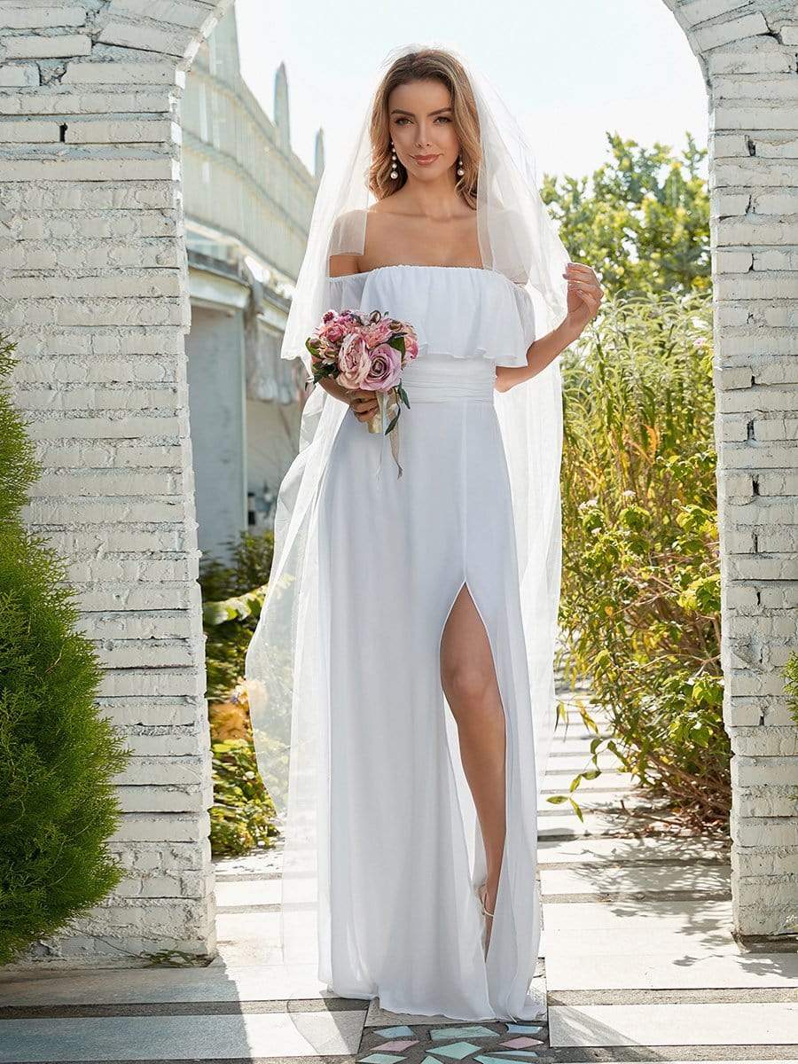 Color=White | Plain Off Shoulder Chiffon Wedding Dress With Side Split-White 3