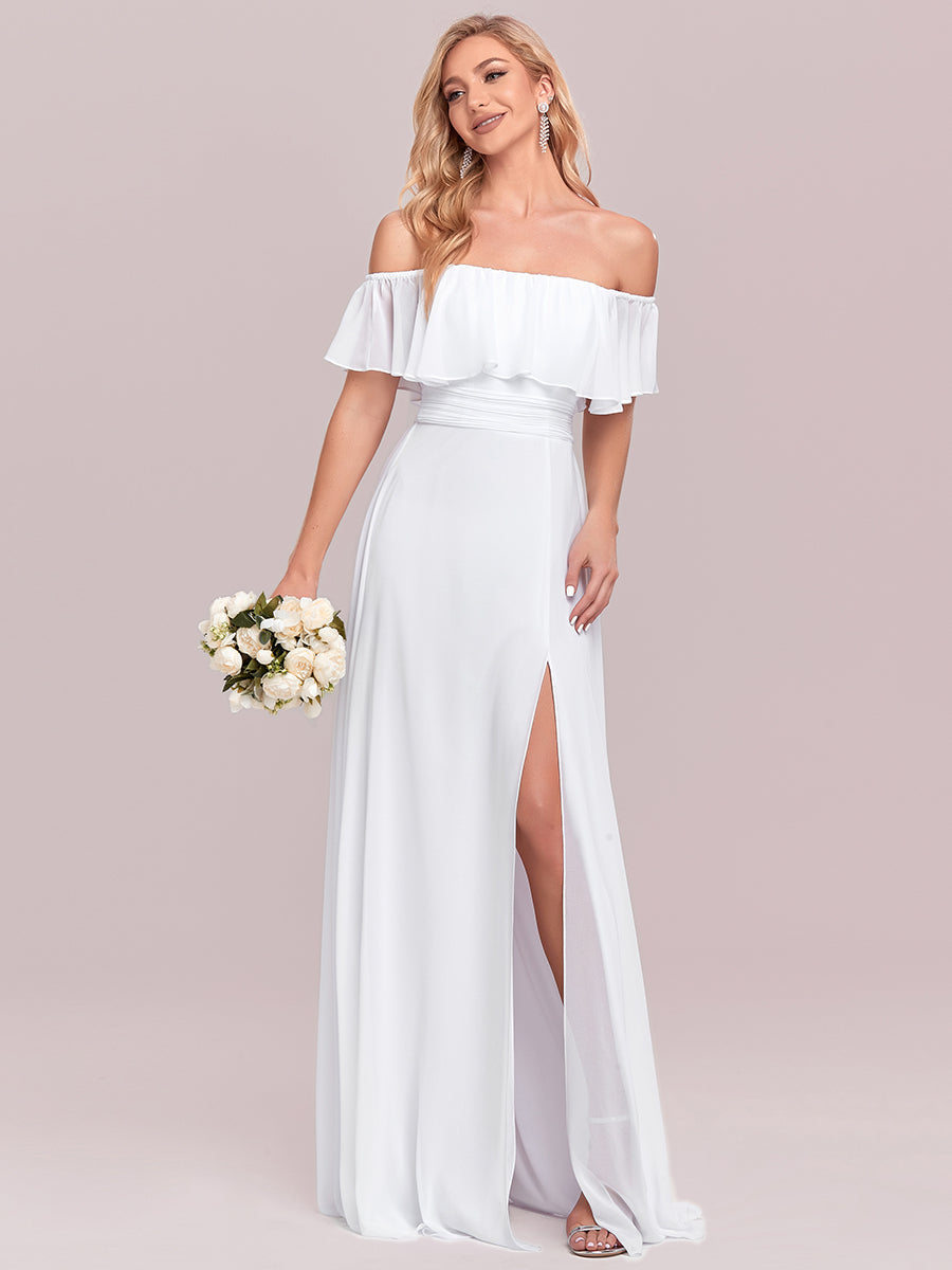 Color=White | Women'S A-Line Off Shoulder Ruffle Thigh Split Bridesmaid Dresses Ep00968-White 4
