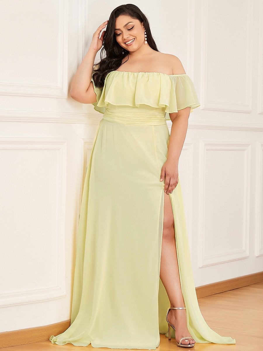 Color=Yellow | Women'S A-Line Off Shoulder Ruffle Thigh Split Bridesmaid Dress-Yellow 3