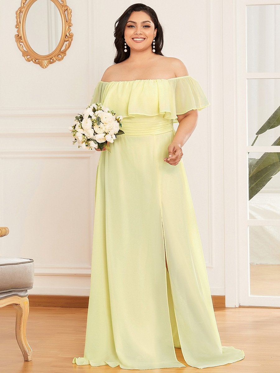 Color=Yellow | Women'S A-Line Off Shoulder Ruffle Thigh Split Bridesmaid Dress-Yellow 1