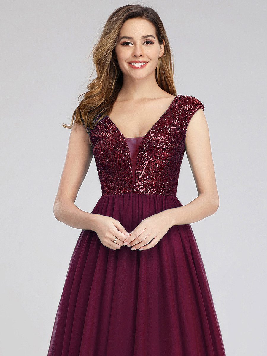 Color=Burgundy | Women'S A-Line V-Neck Sequin Dress Floor-Length Prom Dresses Ep00983-Burgundy 5