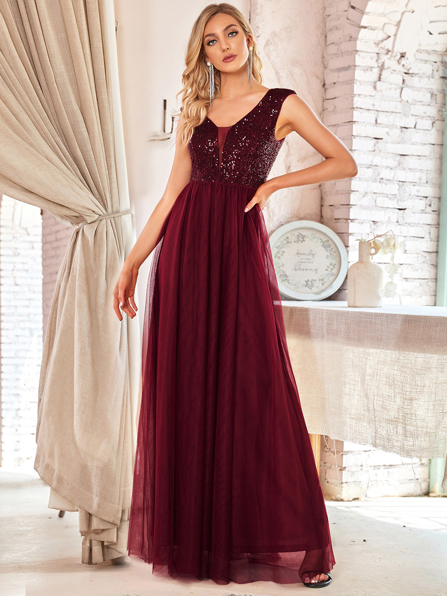 Color=Burgundy | Women'S A-Line V-Neck Sequin Dress Floor-Length Prom Dresses Ep00983-Burgundy 1