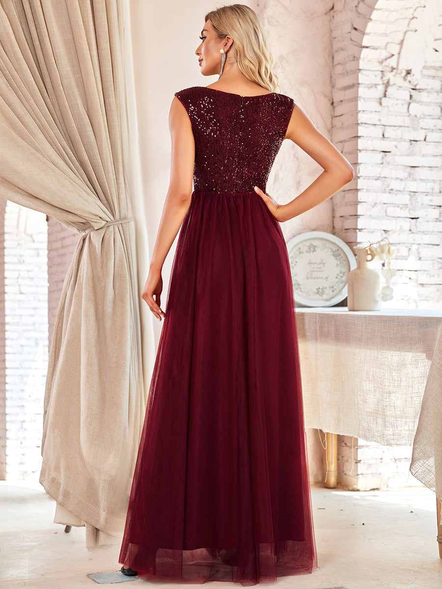 Color=Burgundy | Women'S A-Line V-Neck Sequin Dress Floor-Length Prom Dresses Ep00983-Burgundy 2