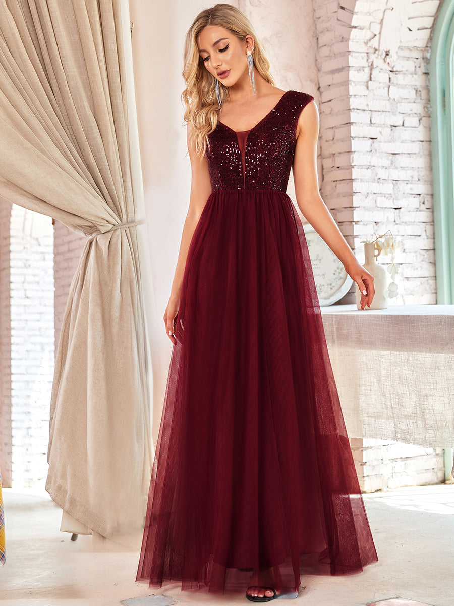 Color=Burgundy | Women'S A-Line V-Neck Sequin Dress Floor-Length Prom Dresses Ep00983-Burgundy 3