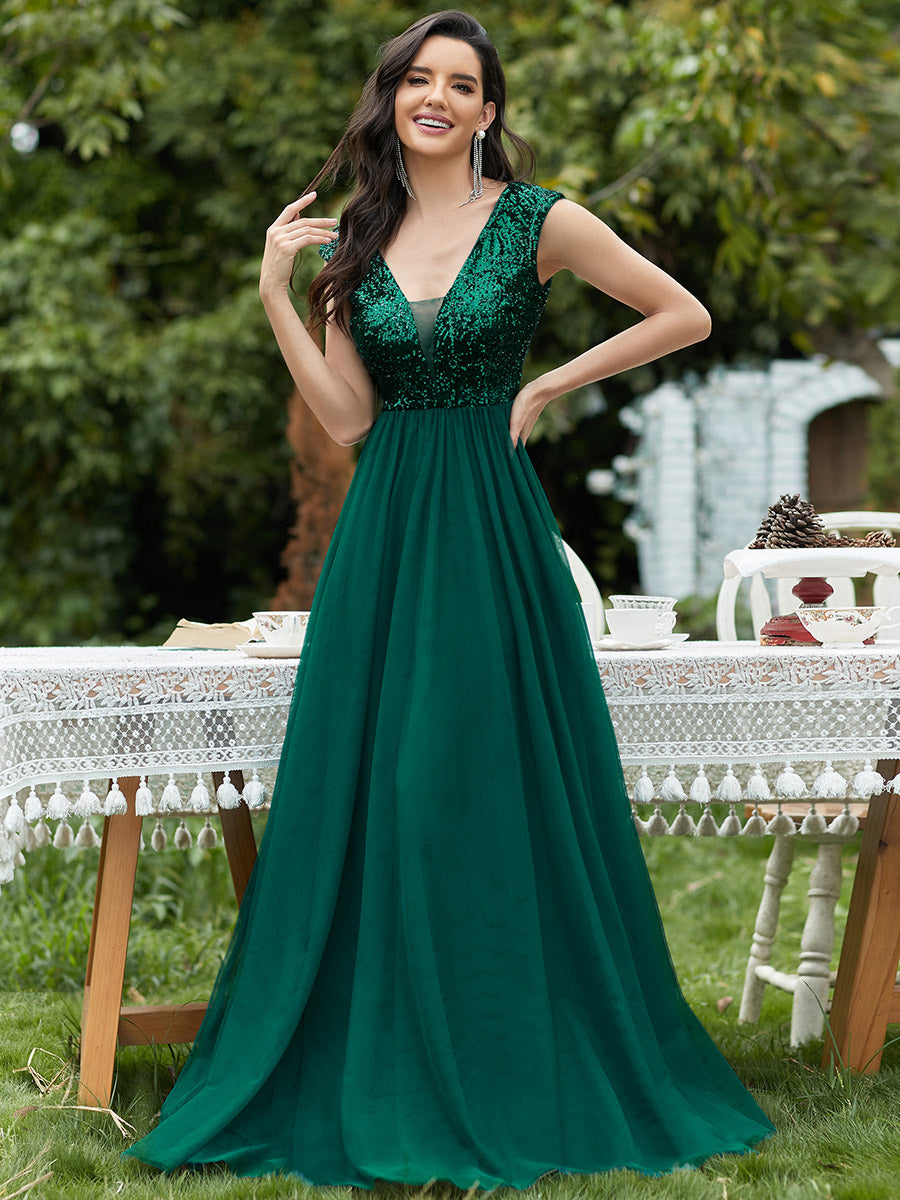 Color=Dark Green | Women'S A-Line V-Neck Sequin Dress Floor-Length Prom Dresses Ep00983-Dark Green 1