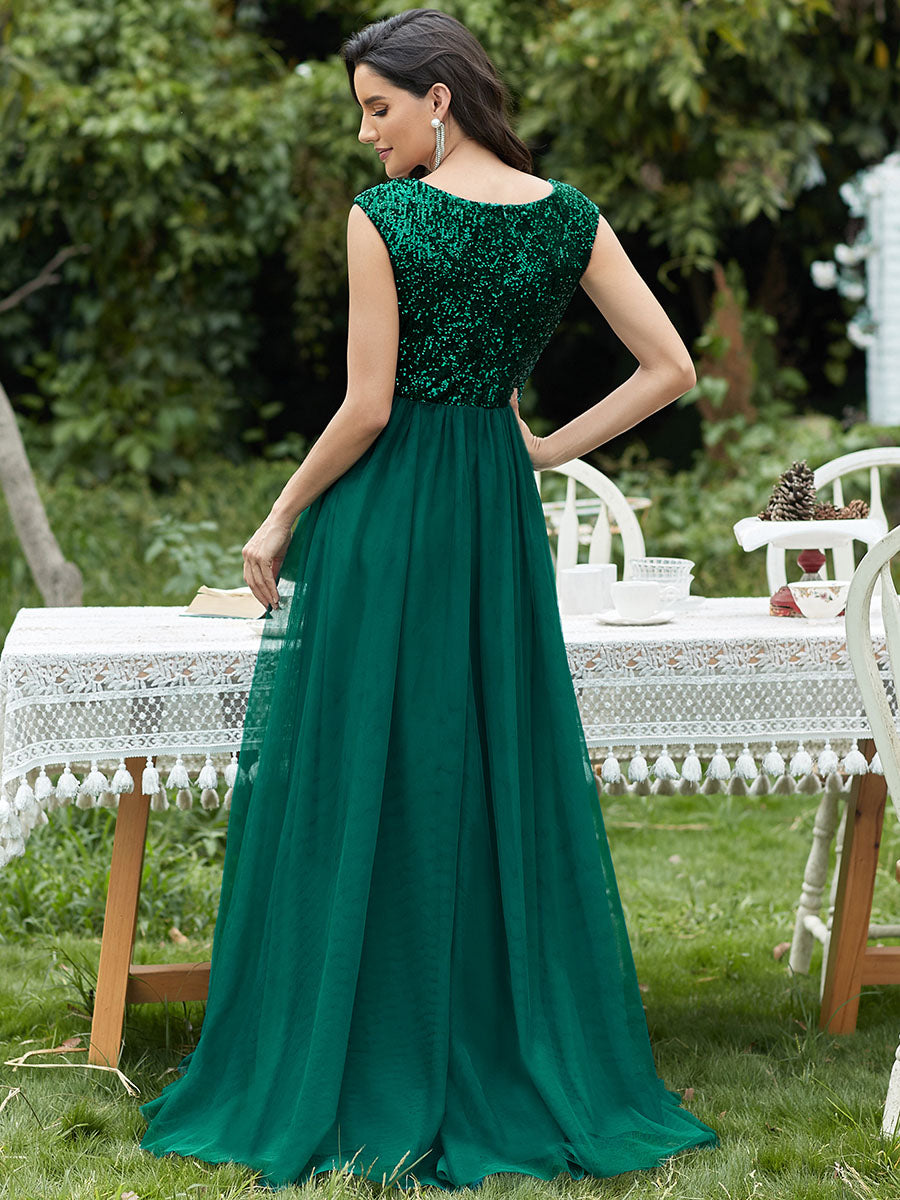Color=Dark Green | Women'S A-Line V-Neck Sequin Dress Floor-Length Prom Dresses Ep00983-Dark Green 3