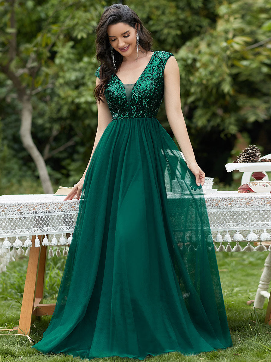 Color=Dark Green | Women'S A-Line V-Neck Sequin Dress Floor-Length Prom Dresses Ep00983-Dark Green 7