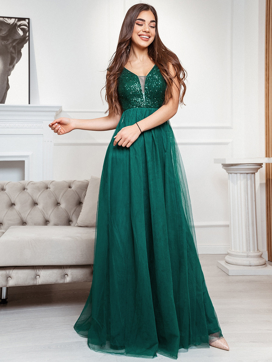 Color=Dark Green | Women'S A-Line V-Neck Sequin Dress Floor-Length Prom Dresses Ep00983-Dark Green 2