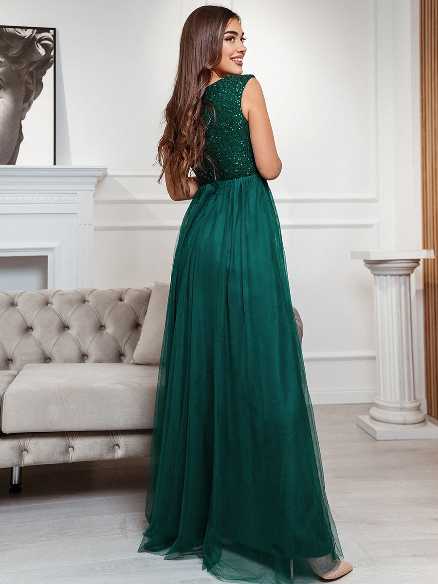 Color=Dark Green | Women'S A-Line V-Neck Sequin Dress Floor-Length Prom Dresses Ep00983-Dark Green 4