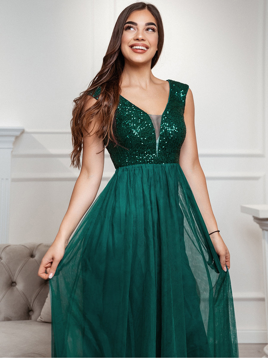 Color=Dark Green | Women'S A-Line V-Neck Sequin Dress Floor-Length Prom Dresses Ep00983-Dark Green 6