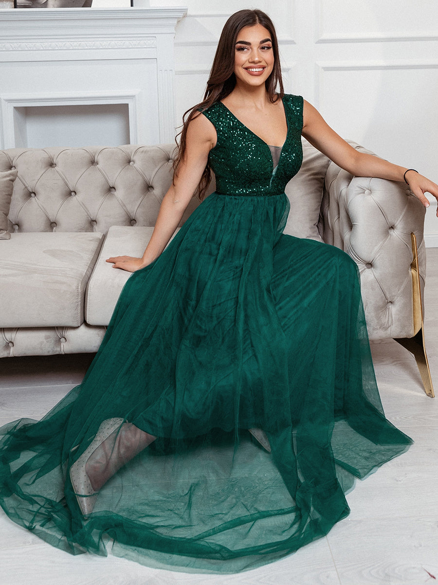 Color=Dark Green | Women'S A-Line V-Neck Sequin Dress Floor-Length Prom Dresses Ep00983-Dark Green 8