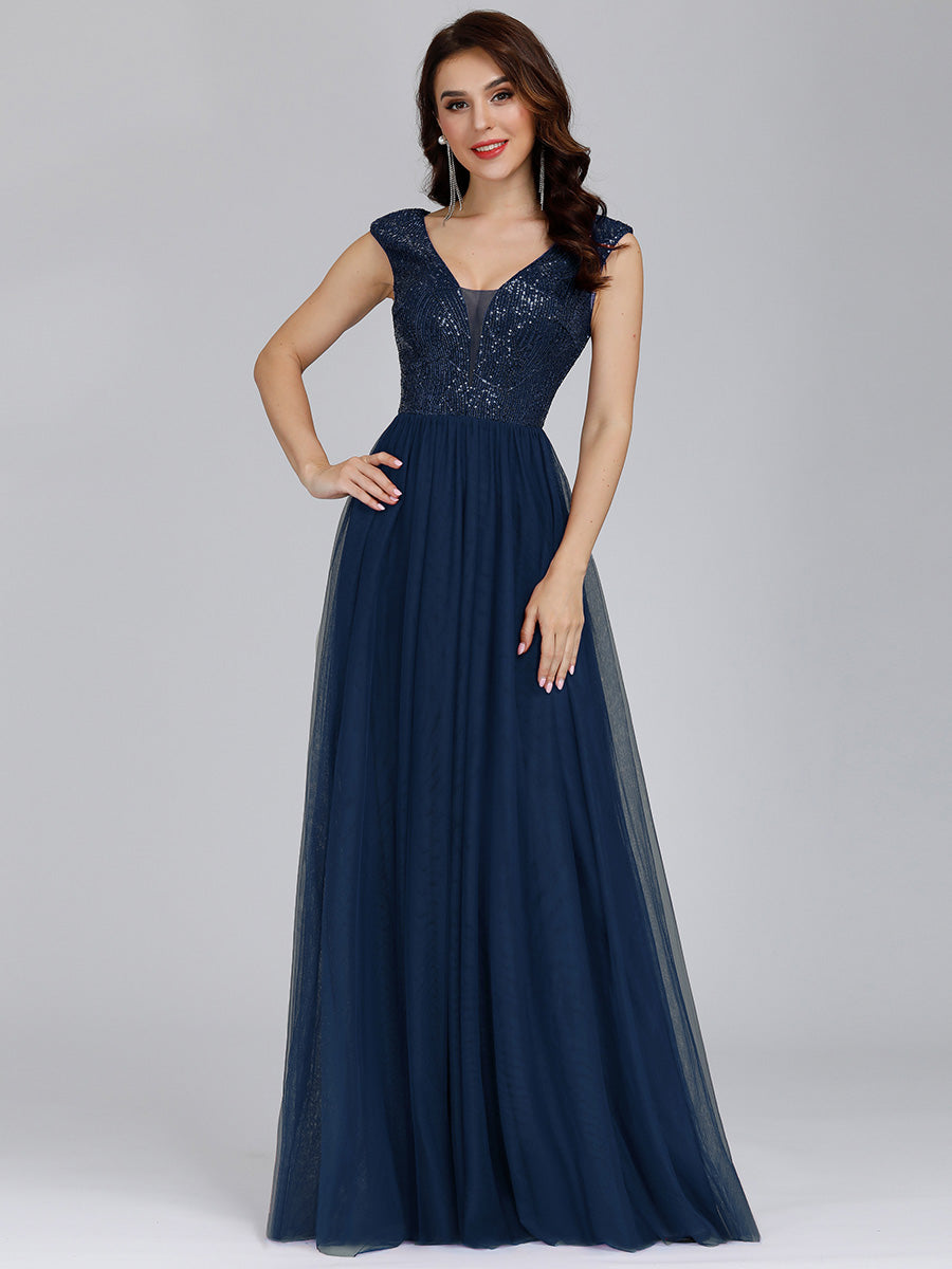 Color=Navy Blue | Women'S A-Line V-Neck Sequin Dress Floor-Length Prom Dresses Ep00983- Navy Blue 1