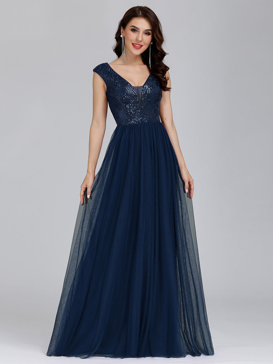 Color=Navy Blue | Women'S A-Line V-Neck Sequin Dress Floor-Length Prom Dresses Ep00983- Navy Blue 2