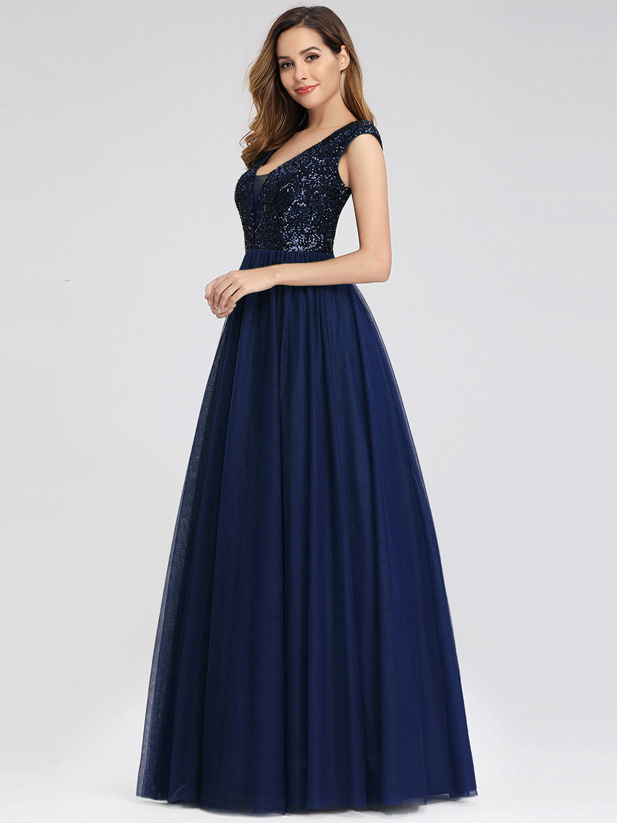 Color=Navy Blue | Women'S A-Line V-Neck Sequin Dress Floor-Length Prom Dresses Ep00983- Navy Blue 3