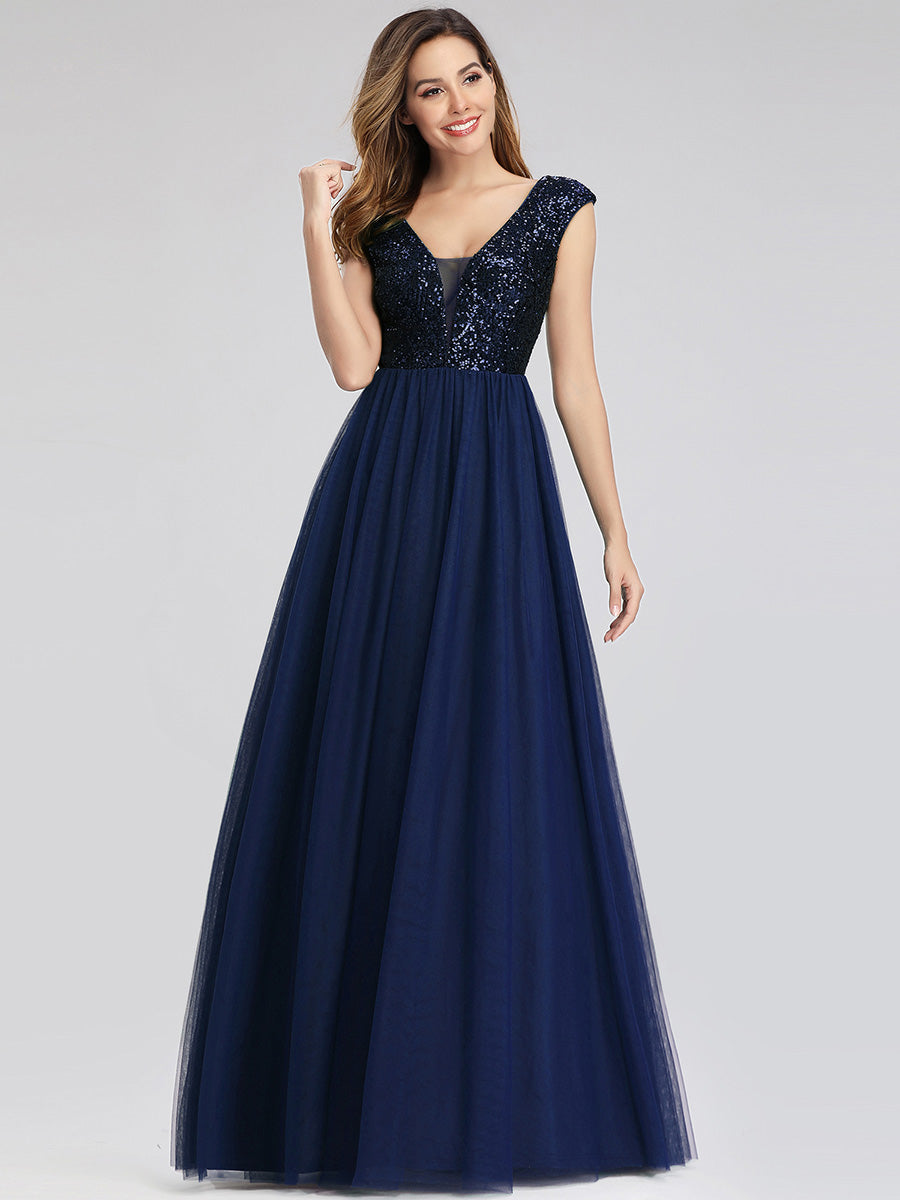 Color=Navy Blue | Women'S A-Line V-Neck Sequin Dress Floor-Length Prom Dresses Ep00983- Navy Blue 4