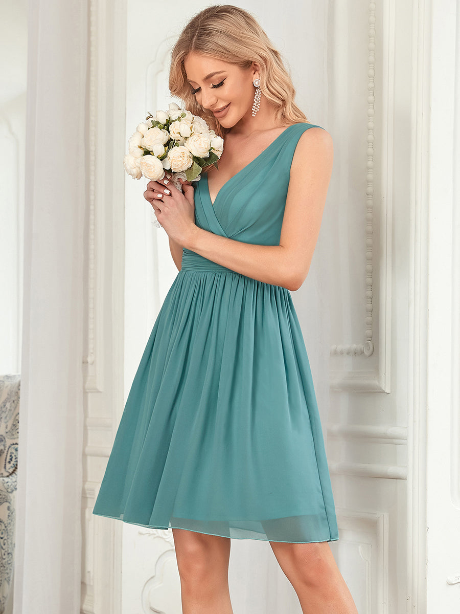 Color=Dusty blue | Double V-Neck Short Party Dress Ep03989-Dusty blue 3