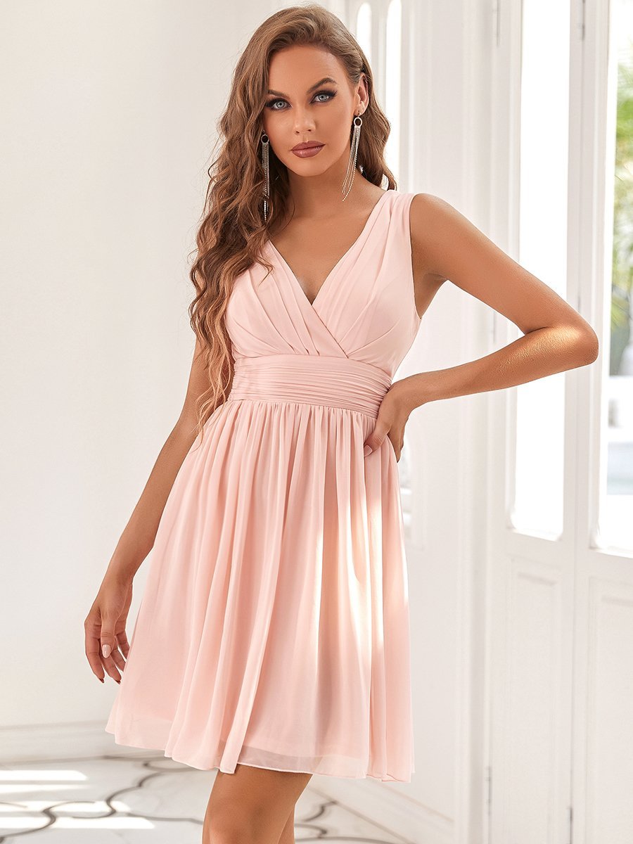 Color=Pink | Double V-Neck Short Party Dress Ep03989-Pink 1