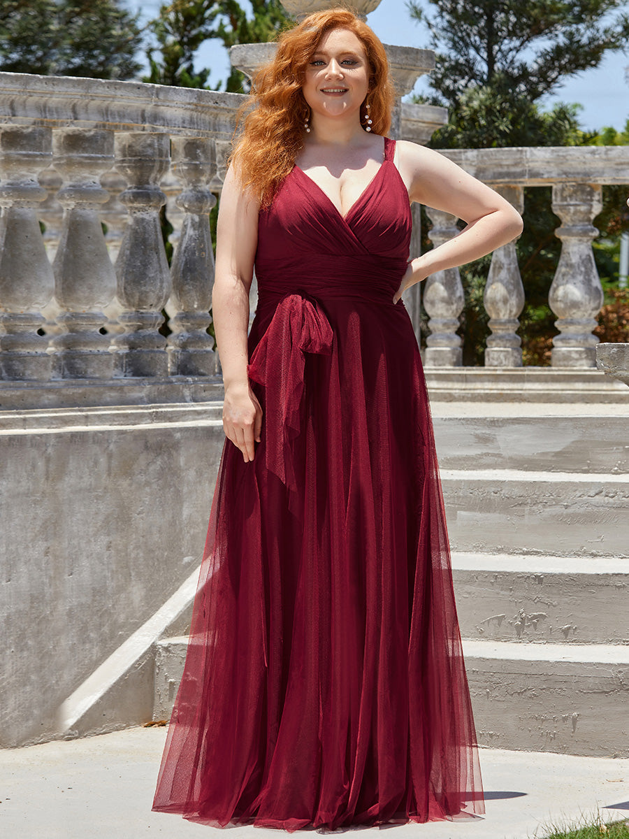 Color=Burgundy | Plus Size Wholesale Tulle Bridesmaid Dresses for Women-Burgundy 1