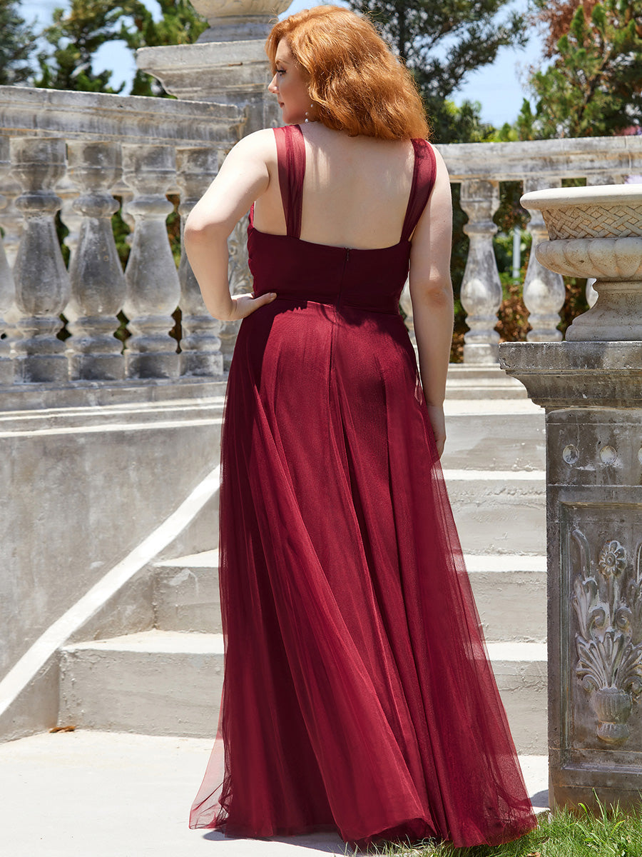 Color=Burgundy | Plus Size Wholesale Tulle Bridesmaid Dresses for Women-Burgundy 2