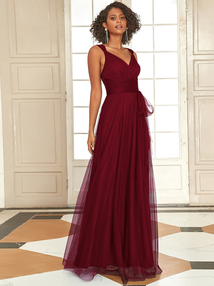 Color=Burgundy | Adorable A Line Sleeveless Wholesale Tulle Bridesmaid Dresses With Belt-Burgundy 1