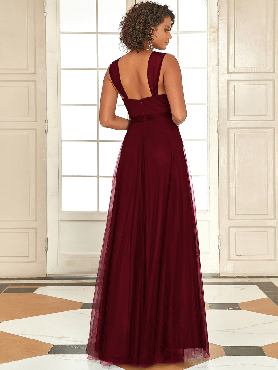 Color=Burgundy | Adorable A Line Sleeveless Wholesale Tulle Bridesmaid Dresses With Belt-Burgundy 2