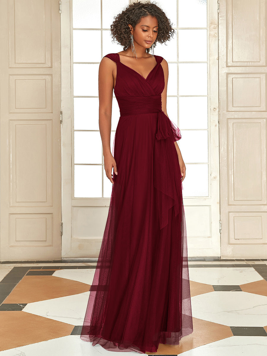 Color=Burgundy | Adorable A Line Sleeveless Wholesale Tulle Bridesmaid Dresses With Belt-Burgundy 3