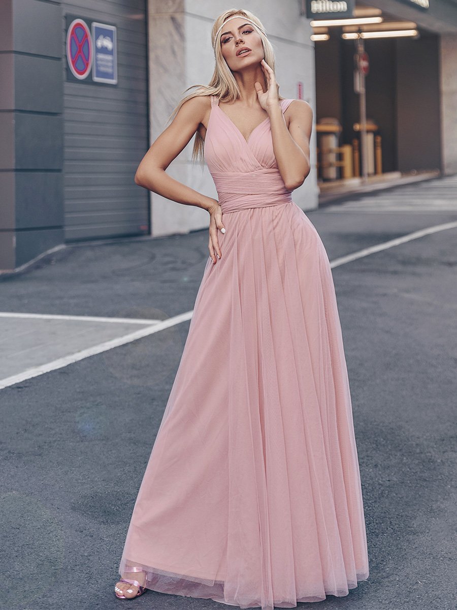 Color=Blush | Floor Length Sleeveless Wholesale Tulle Bridesmaid Dresses-Blush 1