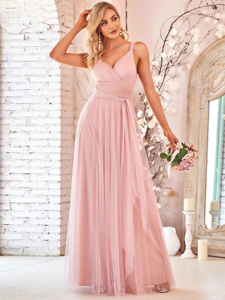 Color=Blush | Floor Length Sleeveless Wholesale Tulle Bridesmaid Dresses-Blush 2