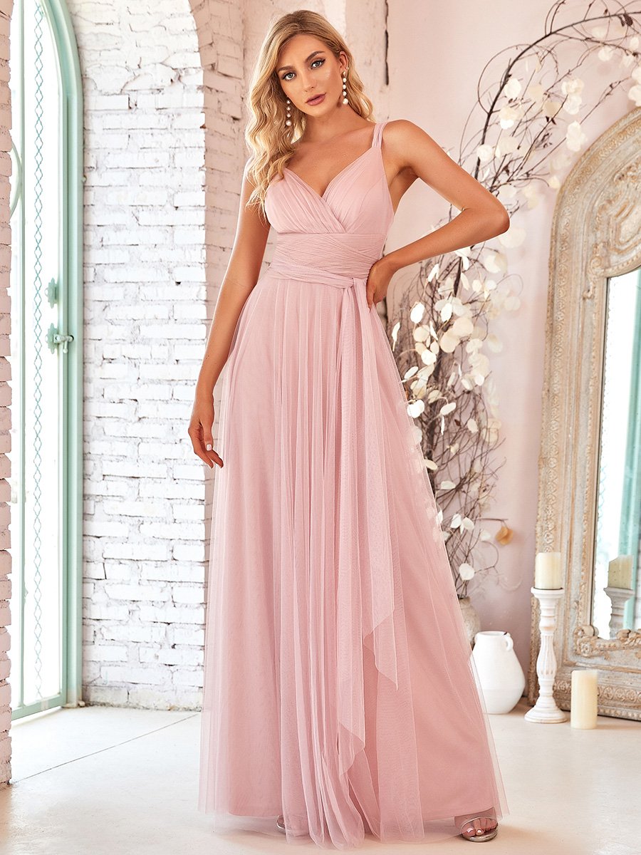 Color=Blush | Floor Length Sleeveless Wholesale Tulle Bridesmaid Dresses-Blush 5