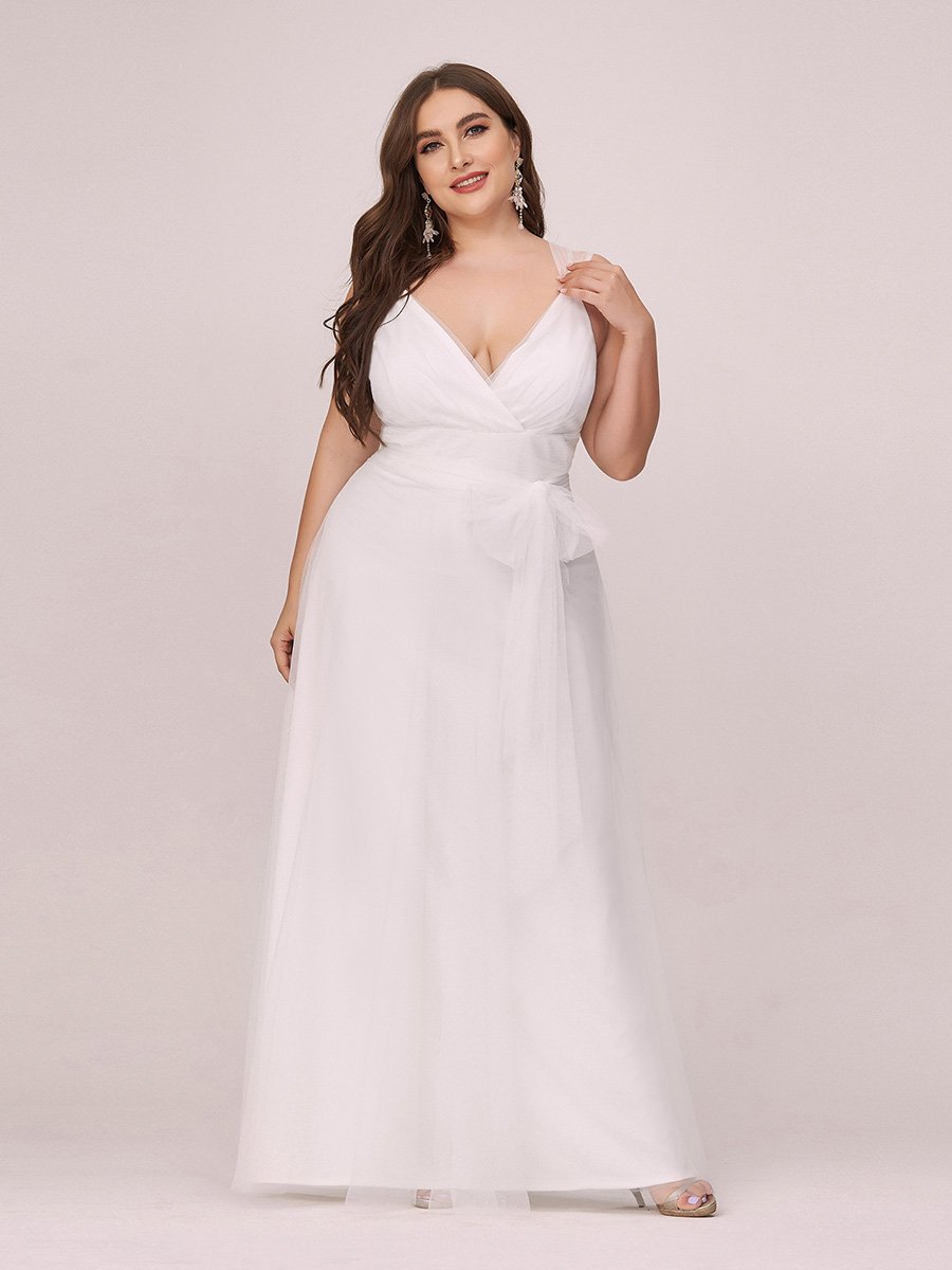 COLOR=Cream | Maxi Long Double V Neck Plus Size Tulle Bridesmaid Dresses-Cream 4