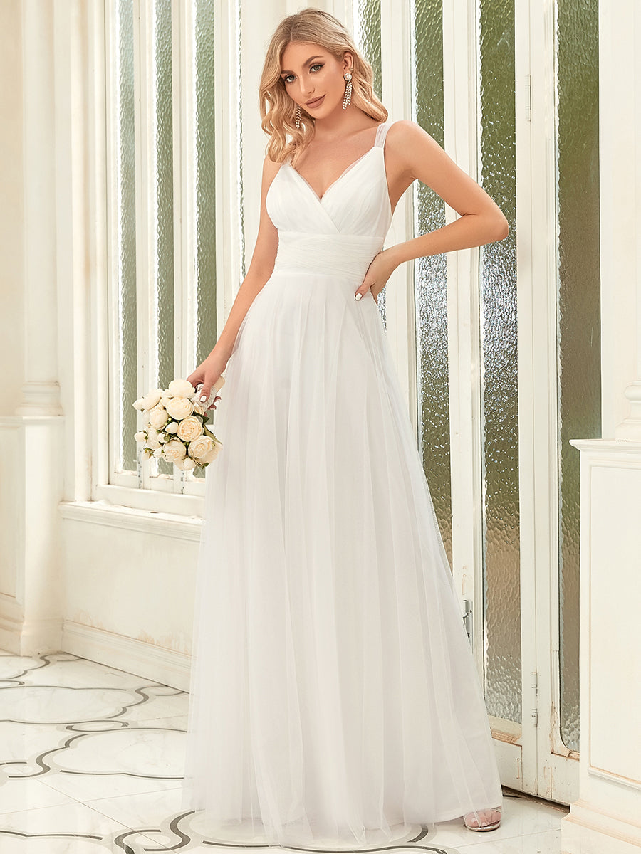 Color=Cream | Floor Length Sleeveless Wholesale Tulle Bridesmaid Dresses-Cream 4