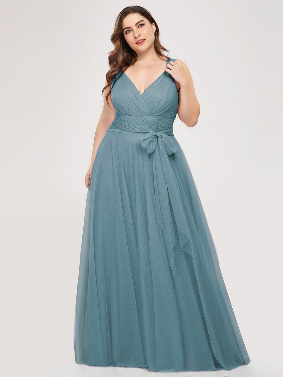 Color=Dusty blue | Plus Size Wholesale Tulle Bridesmaid Dresses for Women-Dusty blue 3