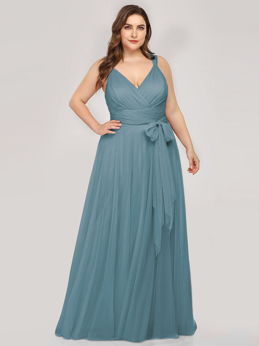 Color=Dusty blue | Plus Size Wholesale Tulle Bridesmaid Dresses for Women-Dusty blue 4