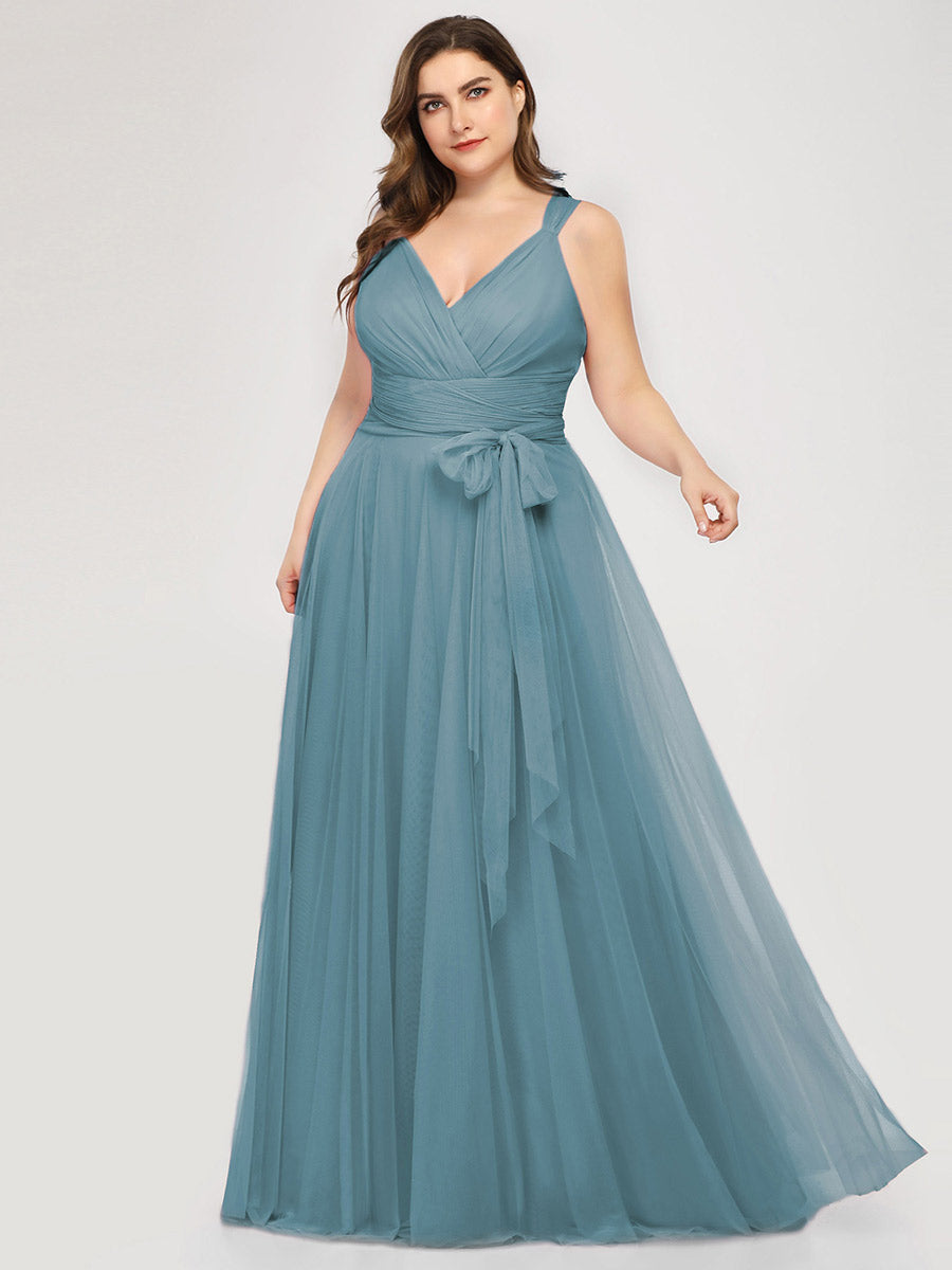 Color=Dusty blue | Plus Size Wholesale Tulle Bridesmaid Dresses for Women-Dusty blue 1