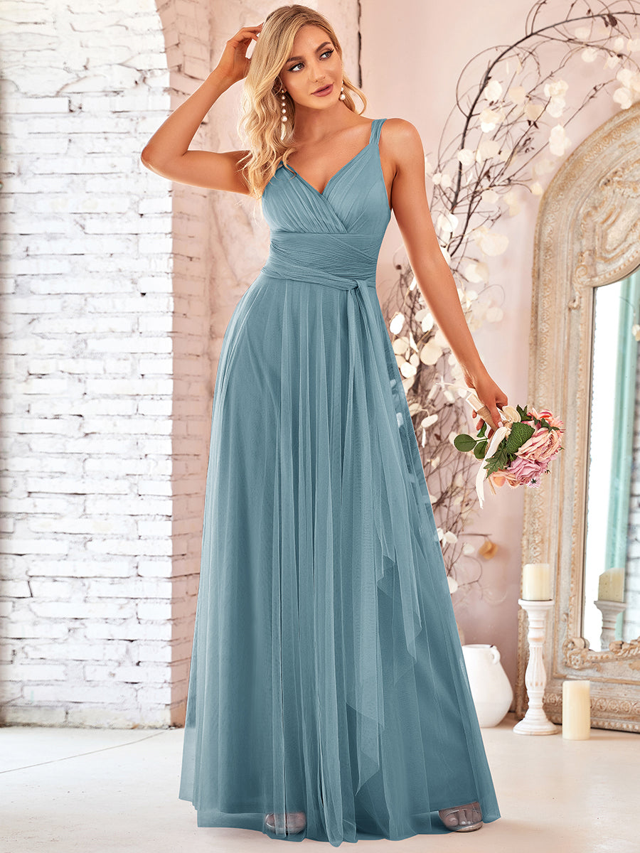 Color=Dusty Blue | Floor Length Sleeveless Wholesale Tulle Bridesmaid Dresses-Dusty Blue 1